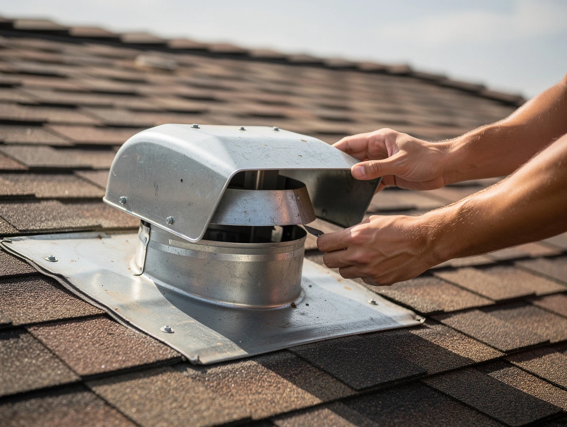 Meadowbrook Dryer Vent Cleaning certified technician safely cleaning a roof-mounted dryer vent in Meadowbrook