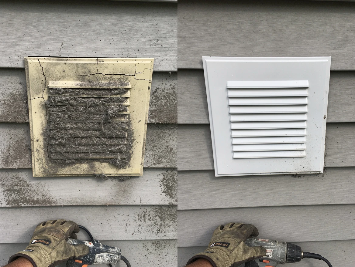 Meadowbrook Dryer Vent Cleaning technician installing high-quality dryer vent cover at a residential property in Meadowbrook